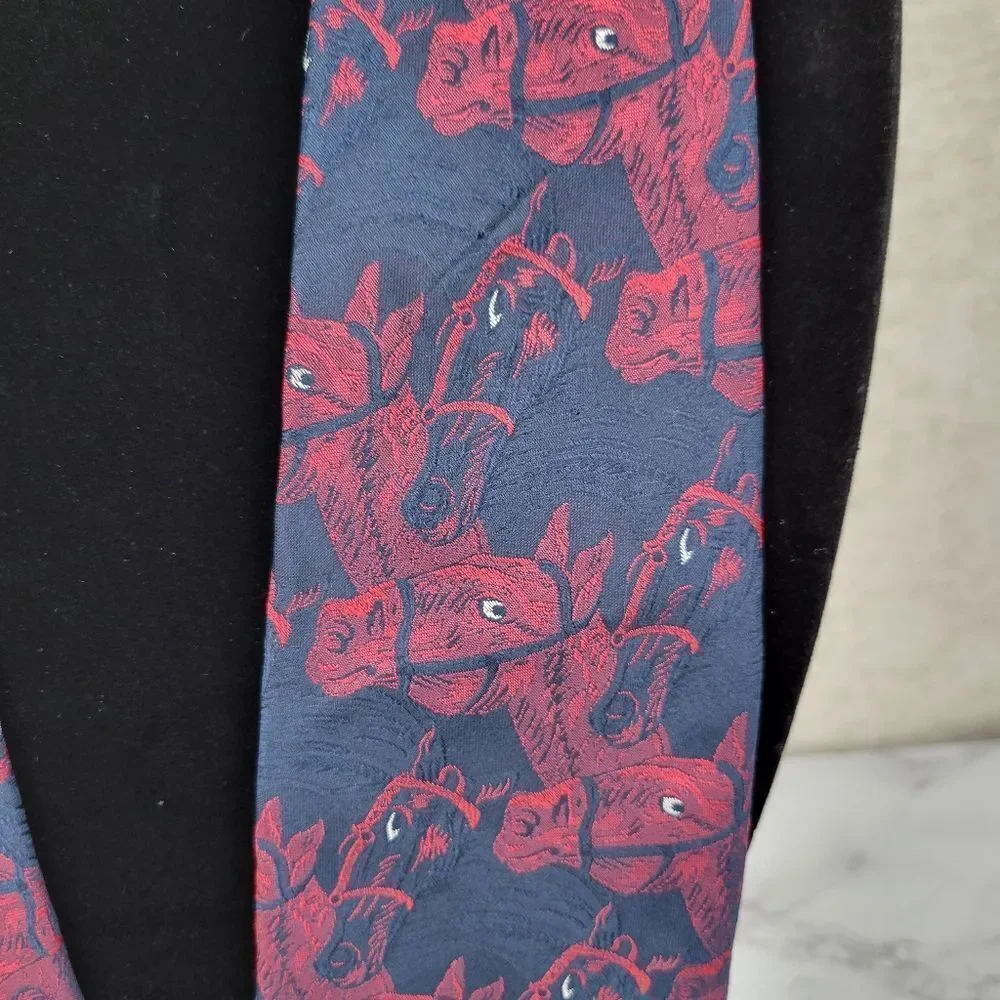 80s Italian Silk Horse Derby Necktie Blue and Red Men's Tie Equestrian Vintage